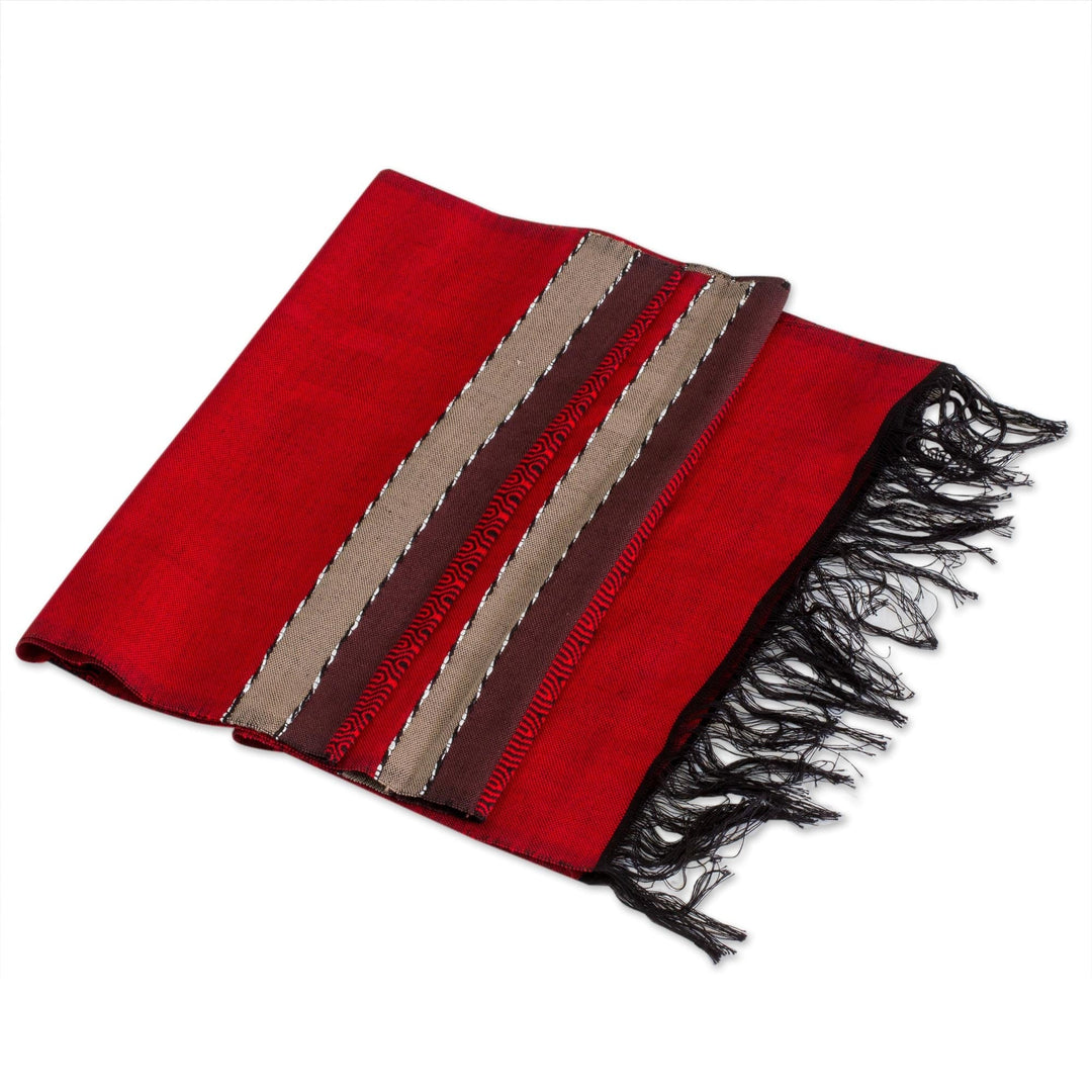Black and Red Table Runner Hand Loomed in Cotton - Trails of Totonicapan in Red