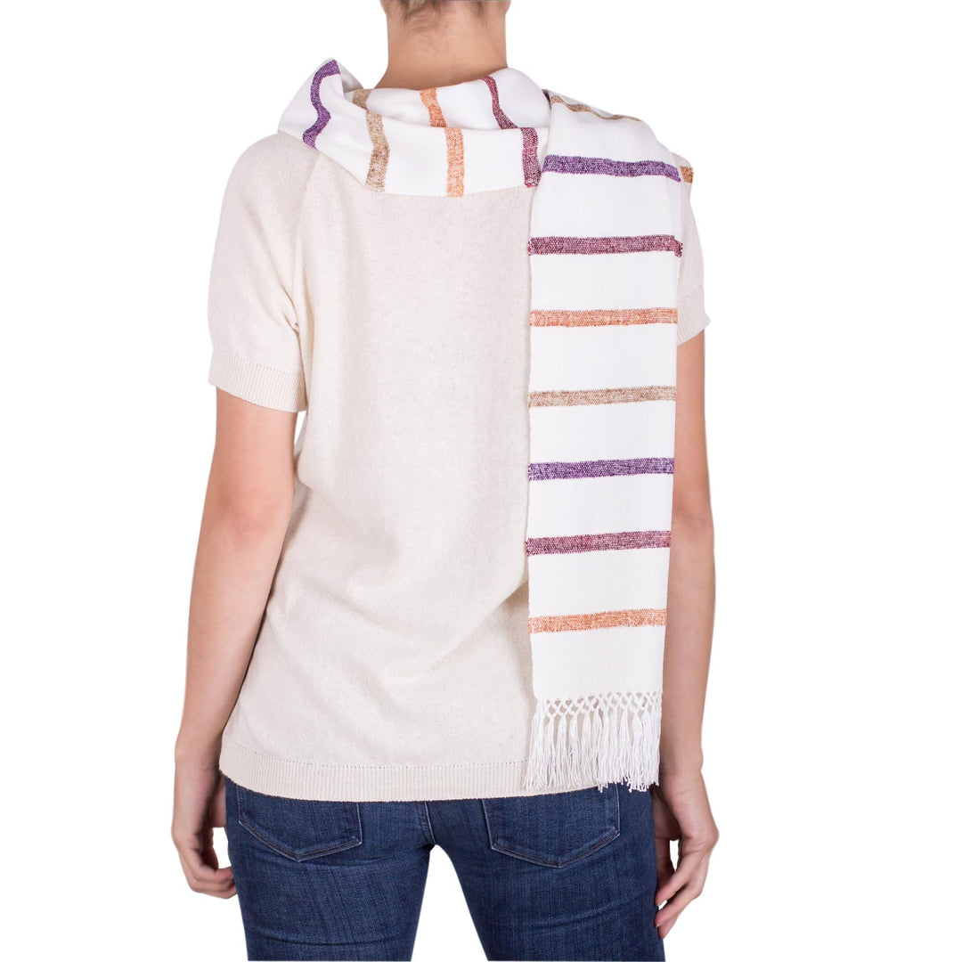 Striped Rayon Wrap Scarf in White - Autumn Memories