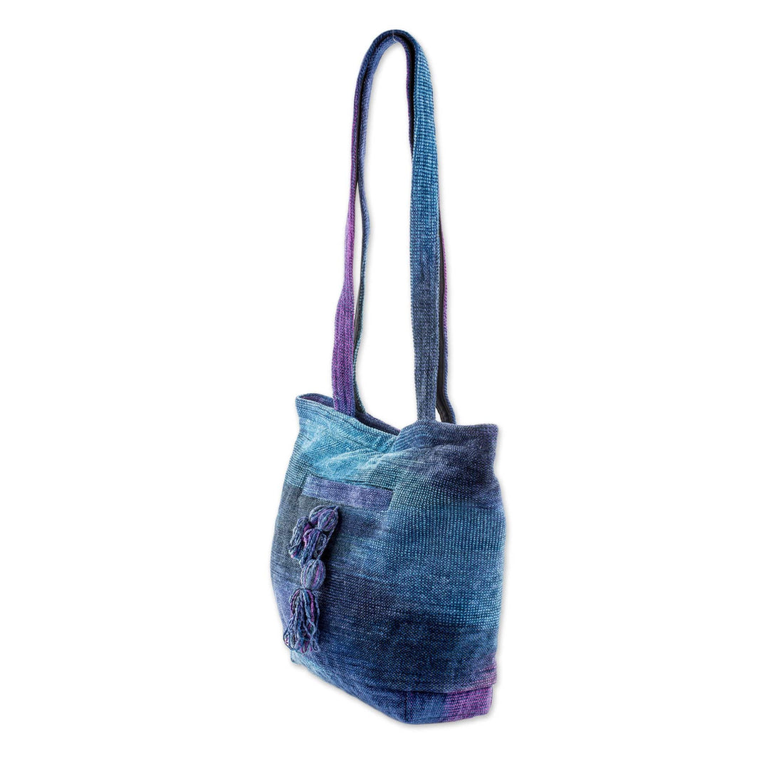 Rayon and Cotton Blend Shoulder Bag in Blue from Guatemala - Pleasing Corduroy in Blue