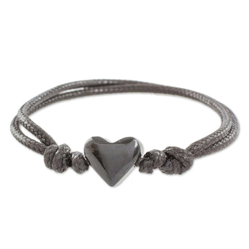 Heart-Shaped Jade Pendant Bracelet in Black from Guatemala - Maya Romance in Black