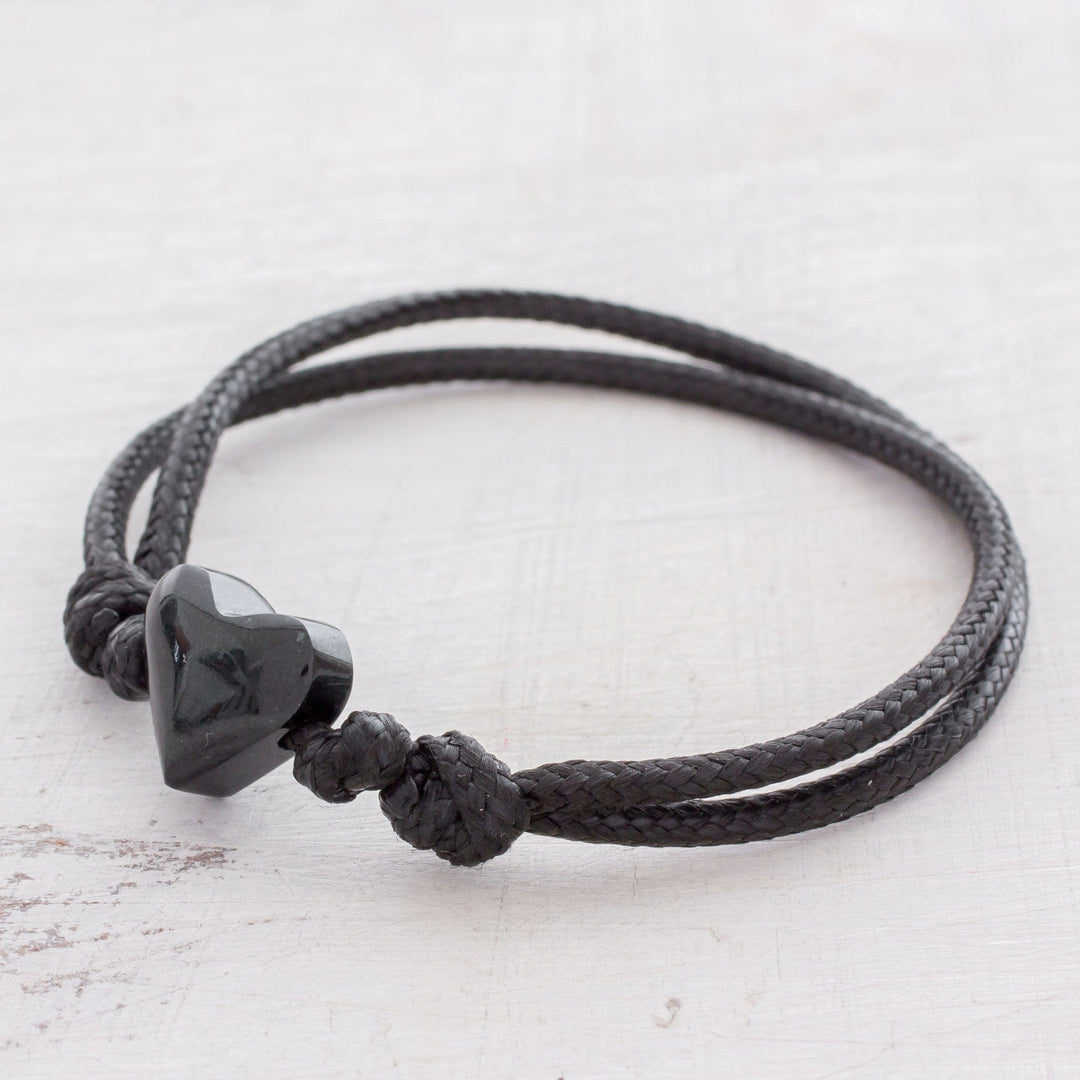 Heart-Shaped Jade Pendant Bracelet in Black from Guatemala - Maya Romance in Black