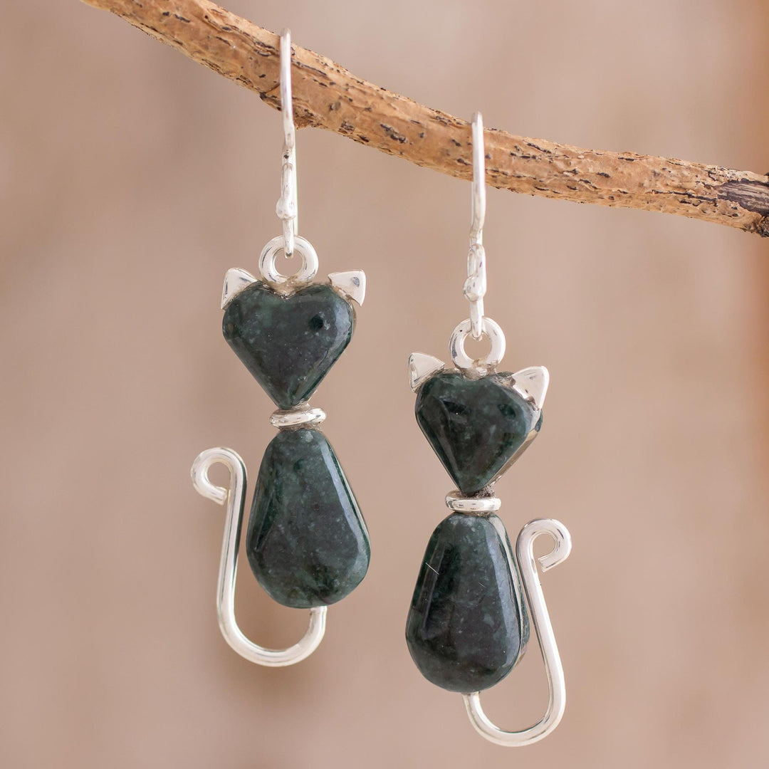 Jade Dangle Earrings - Cats of Love in Dark Green