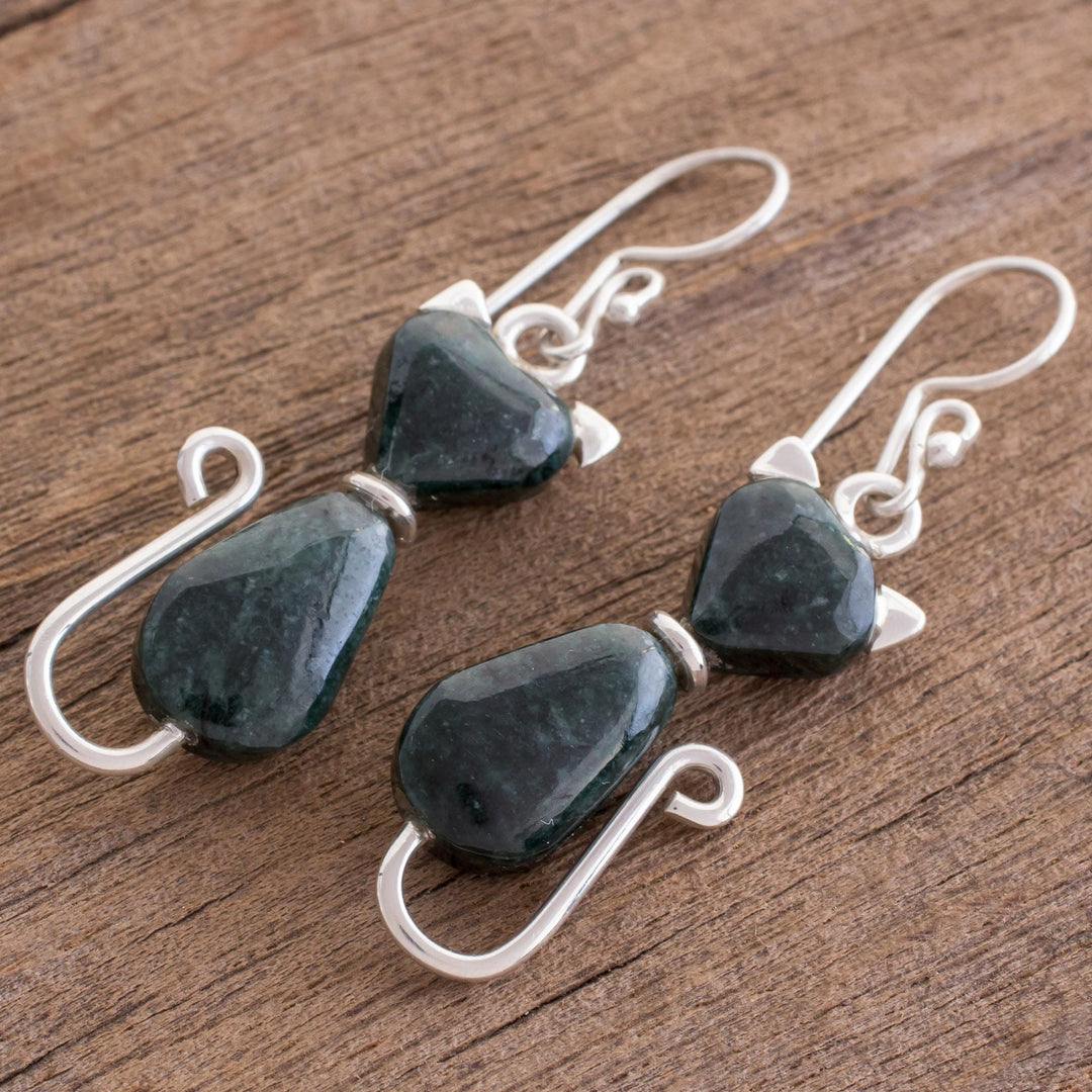 Jade Dangle Earrings - Cats of Love in Dark Green