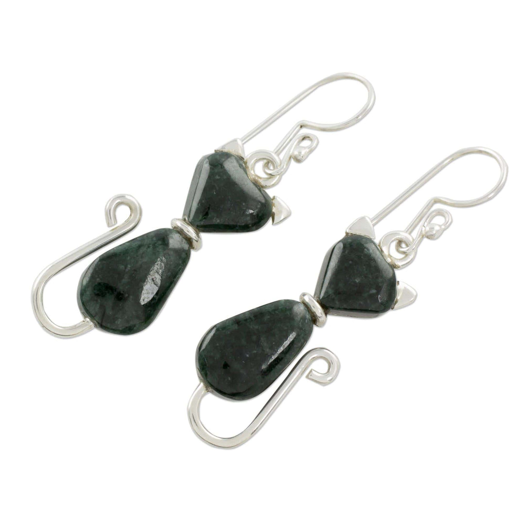 Jade Dangle Earrings - Cats of Love in Dark Green