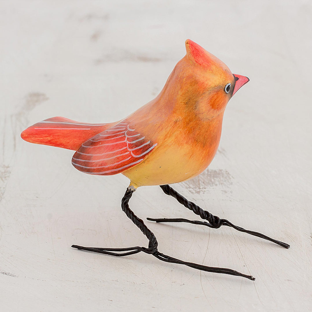 Handmade Cardinal Clay Bird Figurine from Guatemala - Cardinal Beauty