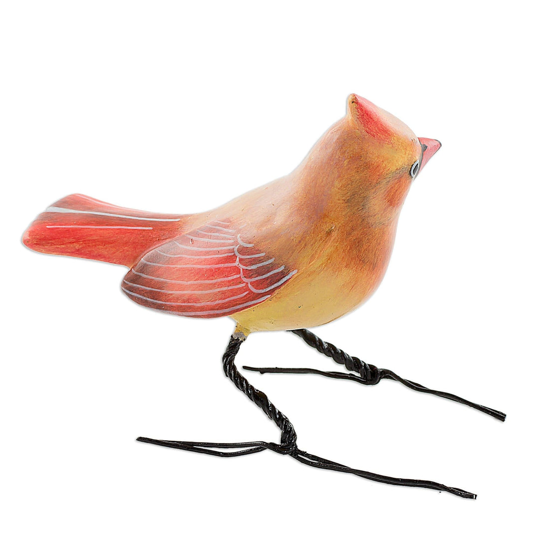Handmade Cardinal Clay Bird Figurine from Guatemala - Cardinal Beauty