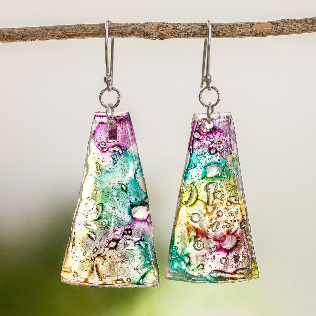 Yellow Turquoise and Purple Recycled CD Dangle Earrings - Color Explosion