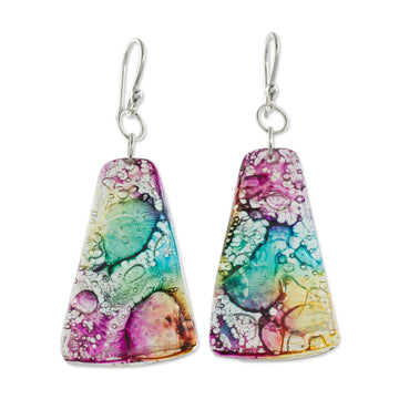 Yellow Turquoise and Purple Recycled CD Dangle Earrings - Color Explosion