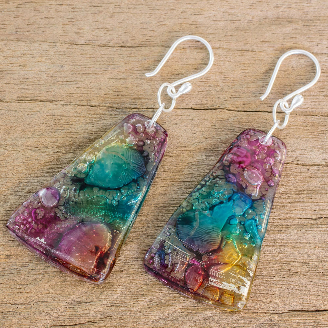 Yellow Turquoise and Purple Recycled CD Dangle Earrings - Color Explosion
