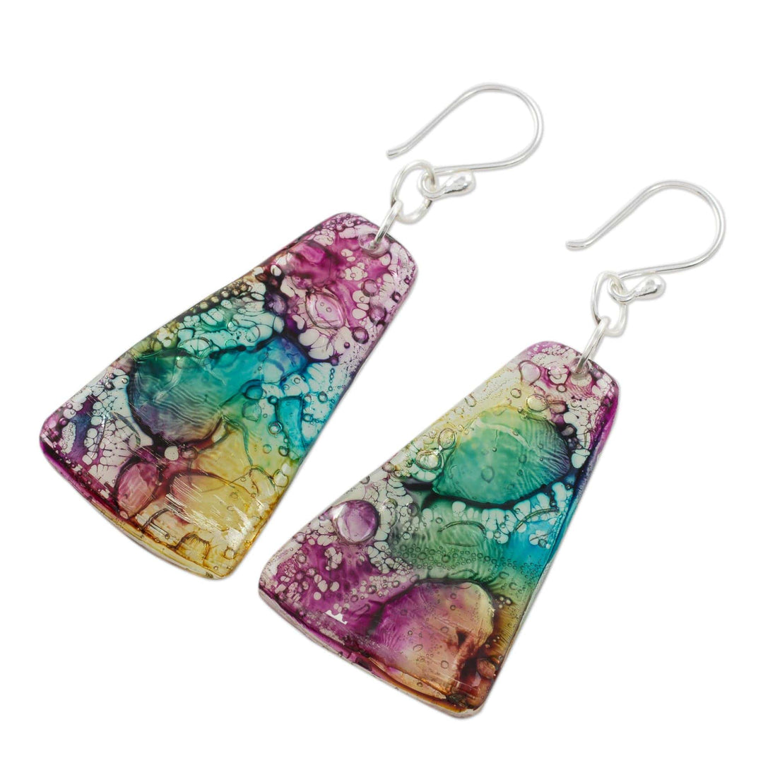Yellow Turquoise and Purple Recycled CD Dangle Earrings - Color Explosion