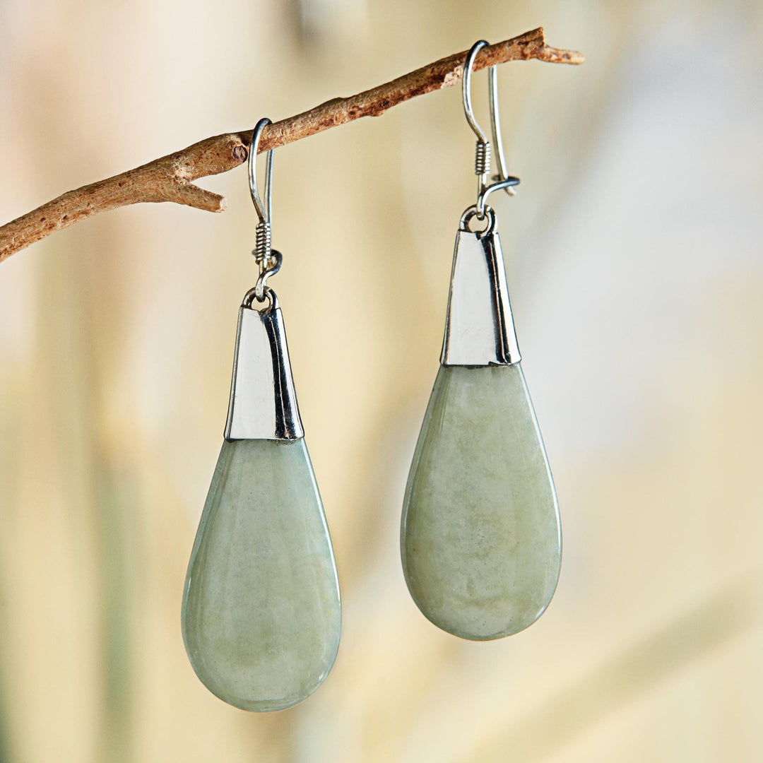 Pale Green Jade and Sterling Silver Teardrop Dangle Earrings - Subtle Dewdrops