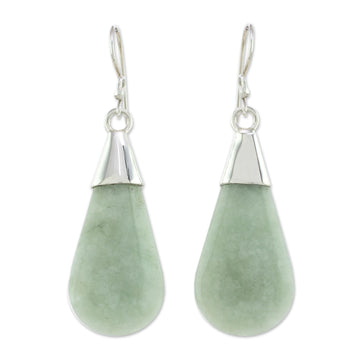Pale Green Jade and Sterling Silver Teardrop Dangle Earrings - Subtle Dewdrops