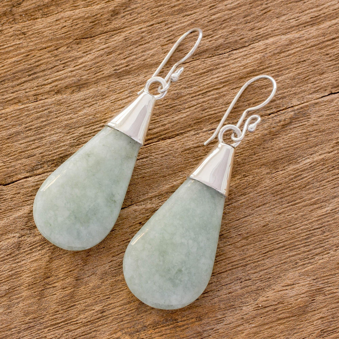 Pale Green Jade and Sterling Silver Teardrop Dangle Earrings - Subtle Dewdrops