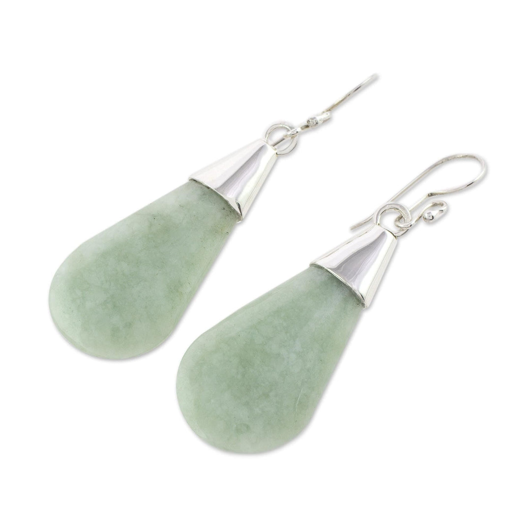 Pale Green Jade and Sterling Silver Teardrop Dangle Earrings - Subtle Dewdrops