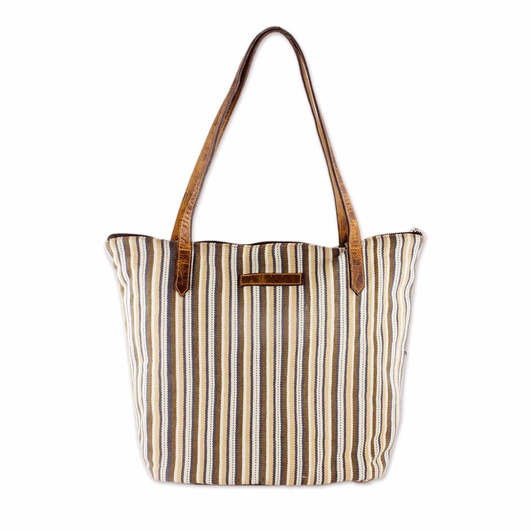 Cream and Brown Striped Hand Woven Cotton Tote Bag - Modern Cafe