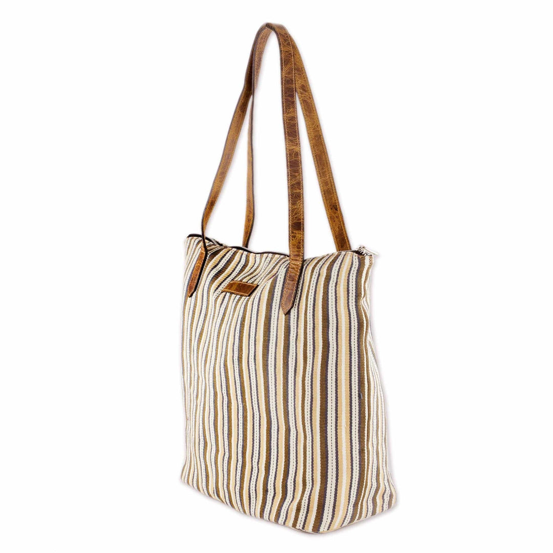 Cream and Brown Striped Hand Woven Cotton Tote Bag - Modern Cafe