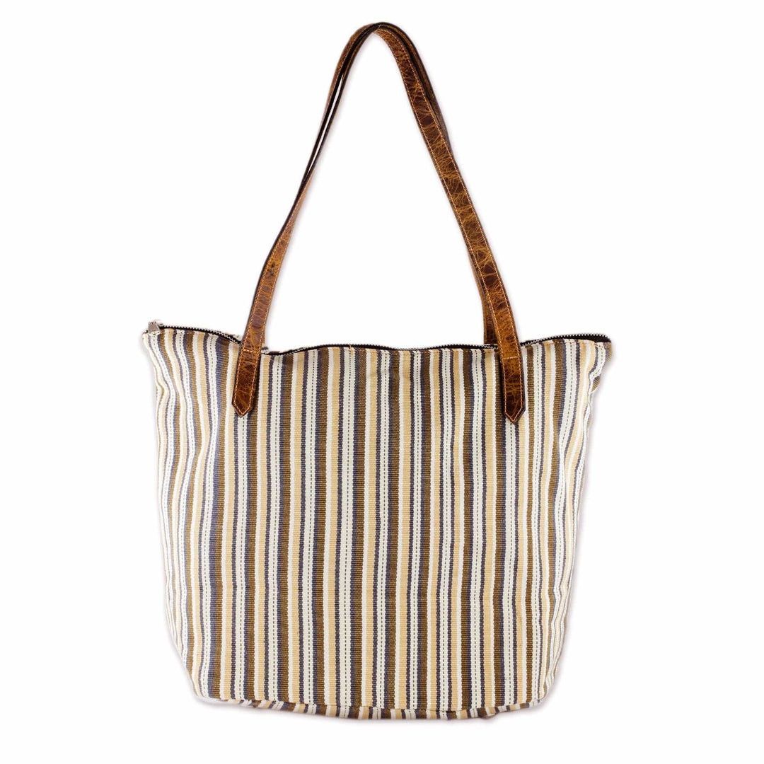Cream and Brown Striped Hand Woven Cotton Tote Bag - Modern Cafe