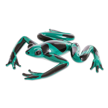 Handcrafted Green and Black Dart Frog Art Glass Figurine - Poison Arrow Frog