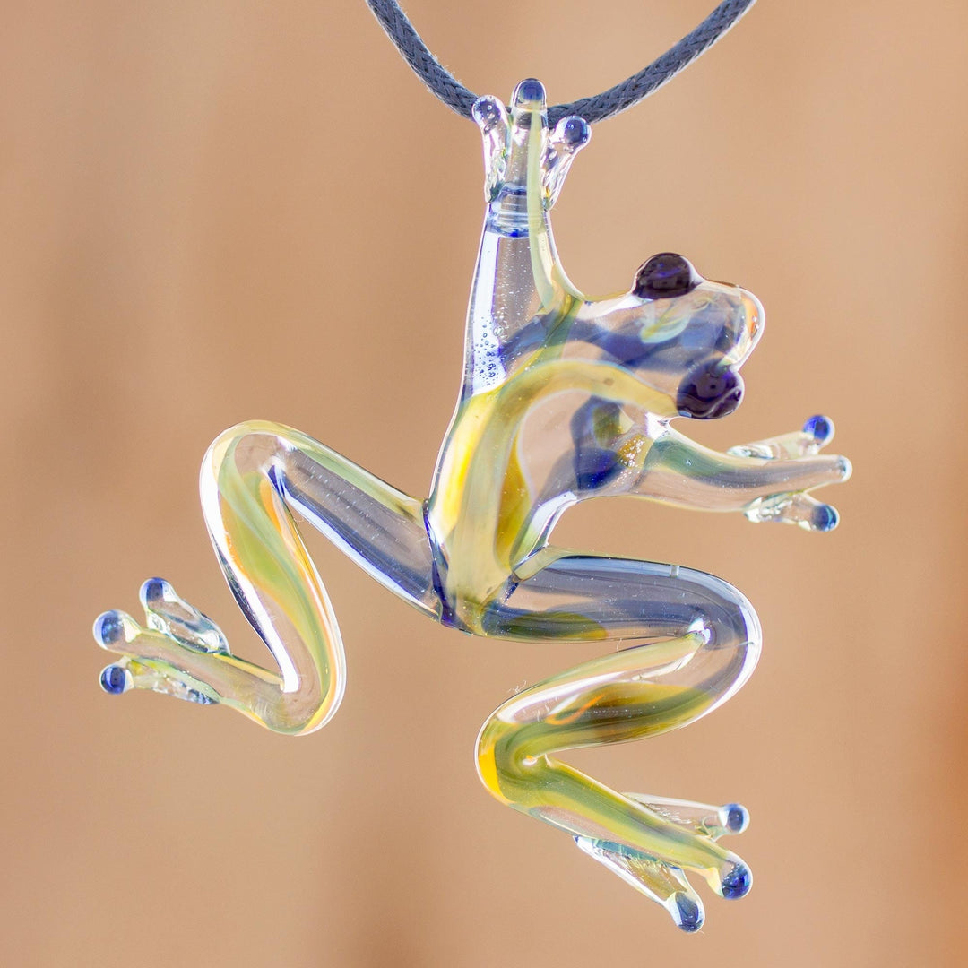 Handmade Glass Frog Pendant Necklace from Costa Rica - Pond Frog