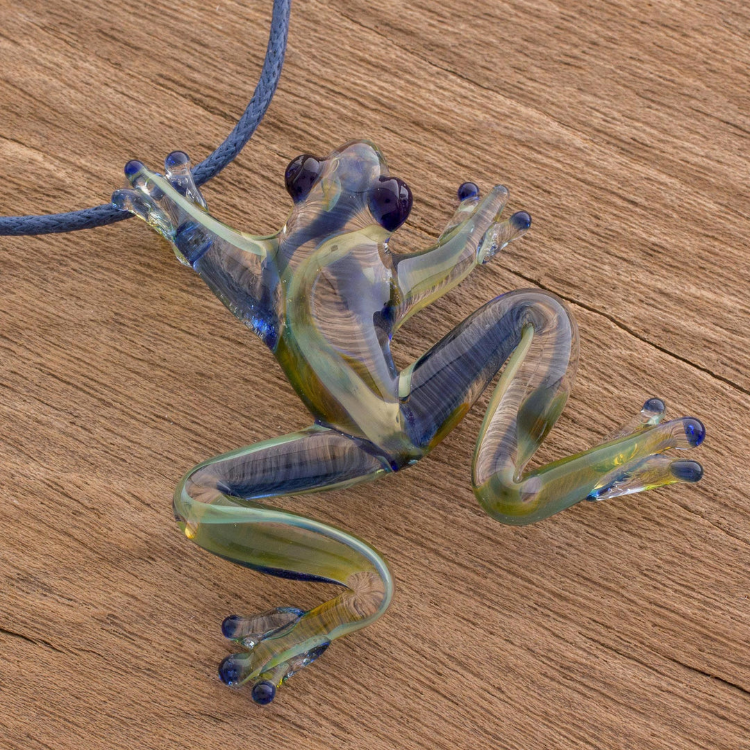 Handmade Glass Frog Pendant Necklace from Costa Rica - Pond Frog