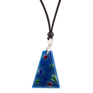 Blue Trapezoid Art Glass Pendant Necklace from Costa Rica - Deep Sea Currents