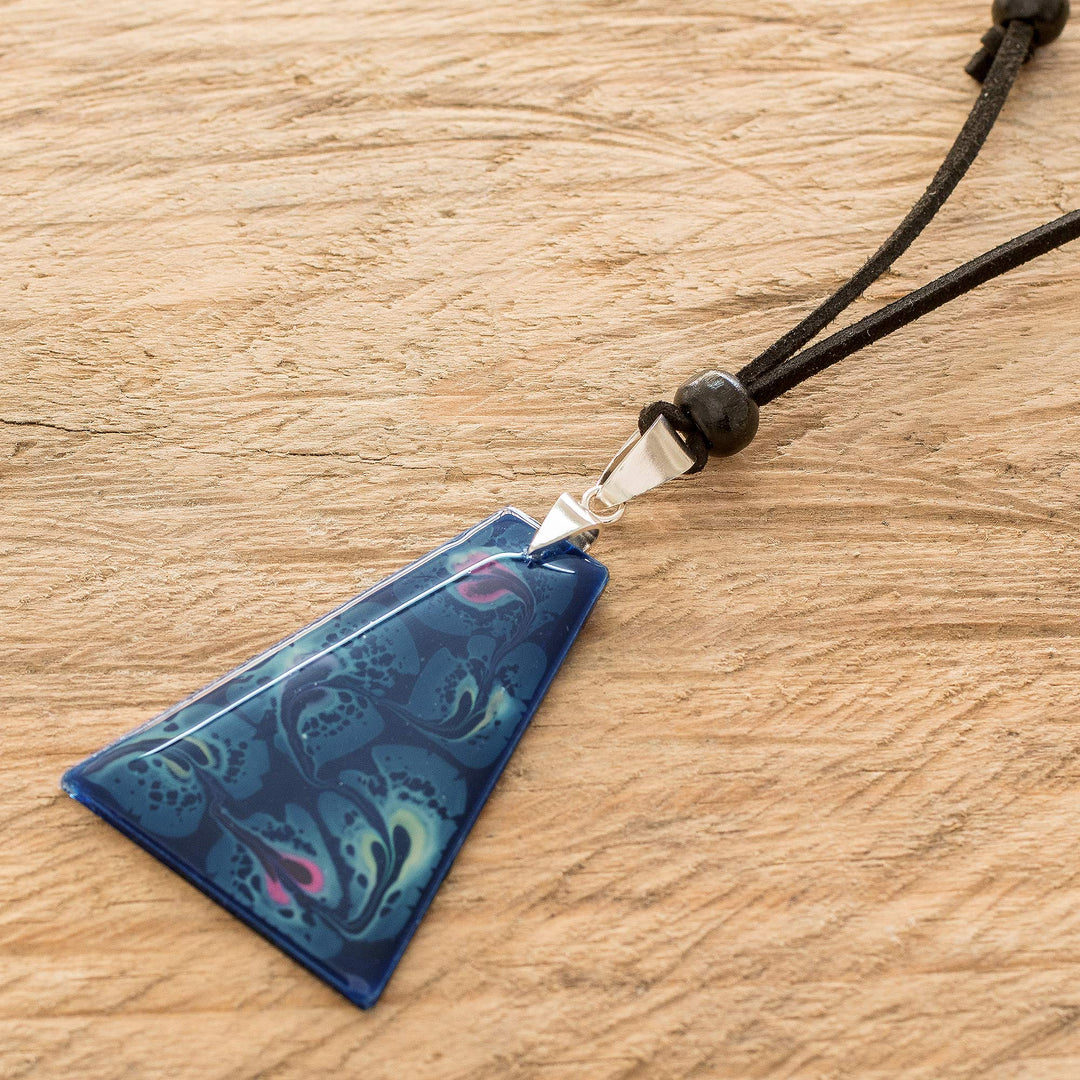 Blue Trapezoid Art Glass Pendant Necklace from Costa Rica - Deep Sea Currents