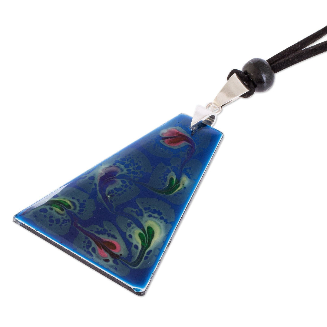 Blue Trapezoid Art Glass Pendant Necklace from Costa Rica - Deep Sea Currents