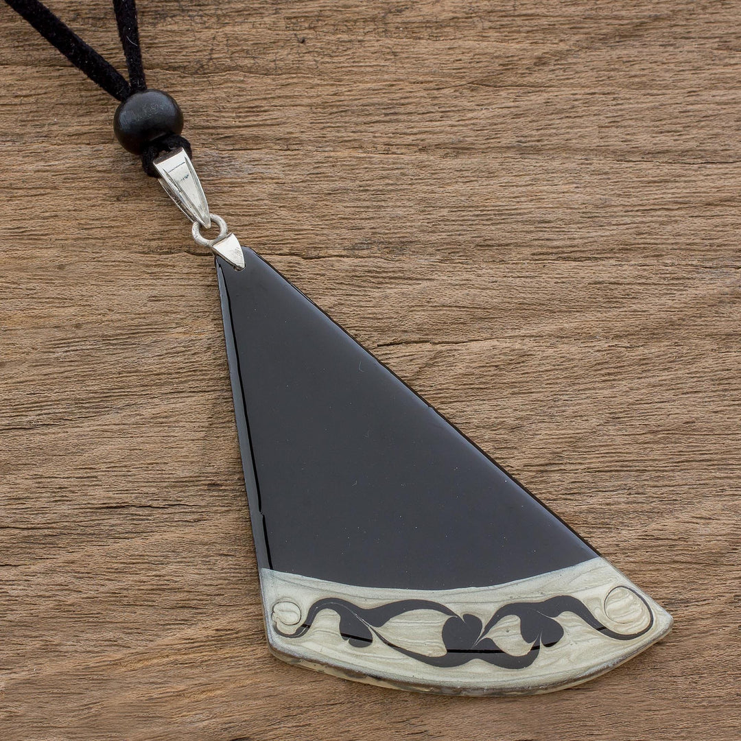 Black Asymmetrical Triangle Art Glass Pendant Necklace - Dance Fan