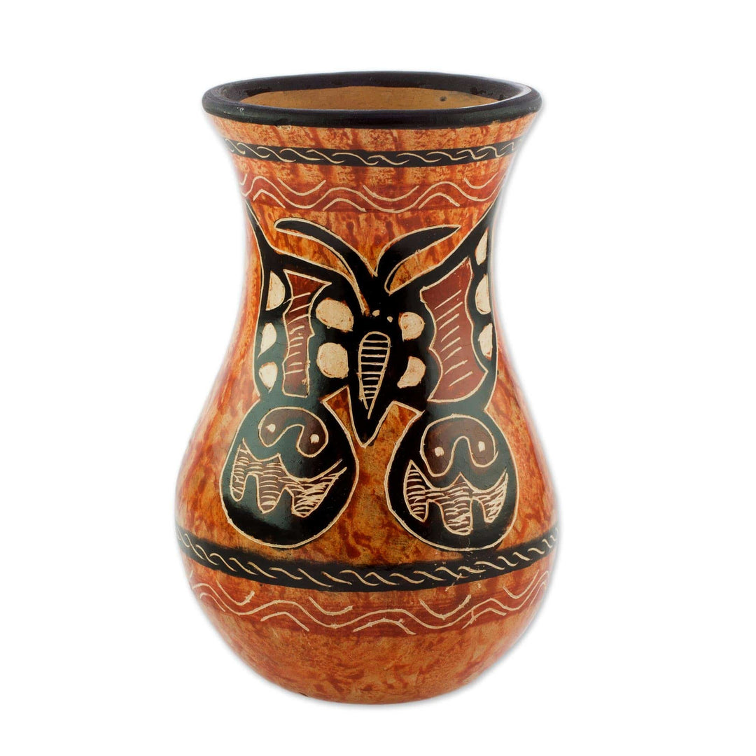 Orange and Brown Butterfly Chorotega Pottery Decorative Vase - Beauty in the Breeze