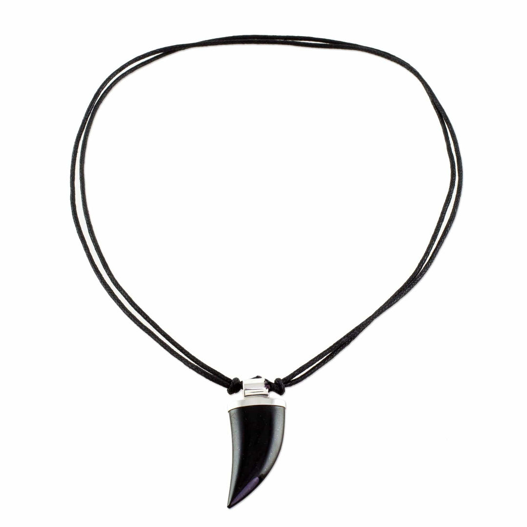 Men's Black Jade and Sterling Silver Fang Pendant Necklace - Strong Bite