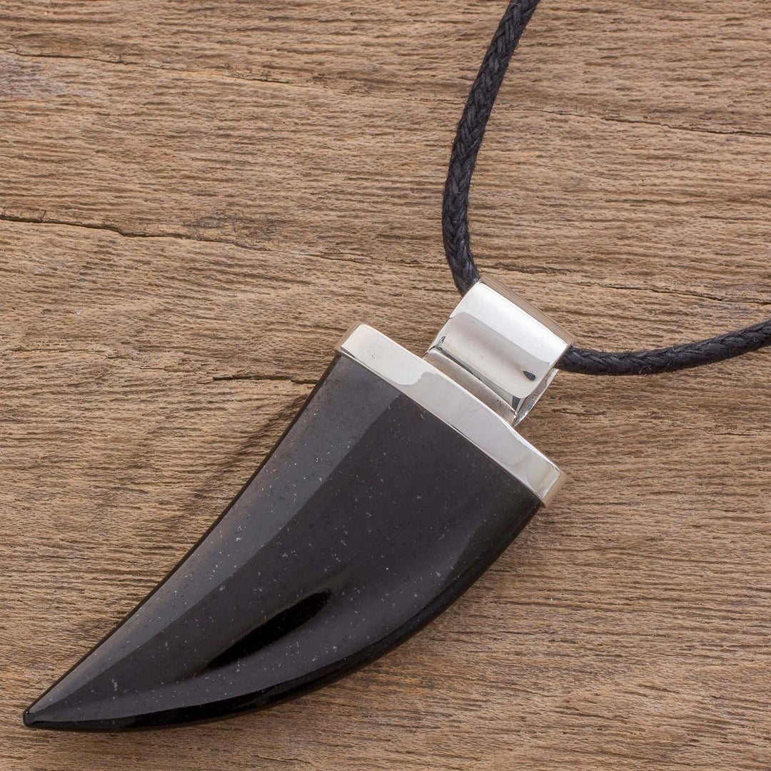 Men's Black Jade and Sterling Silver Fang Pendant Necklace - Strong Bite