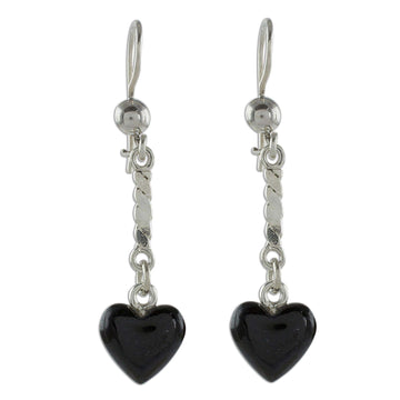 Heart-Shaped Black Jade Dangle Earrings from Guatemala - Black Spirals of Love