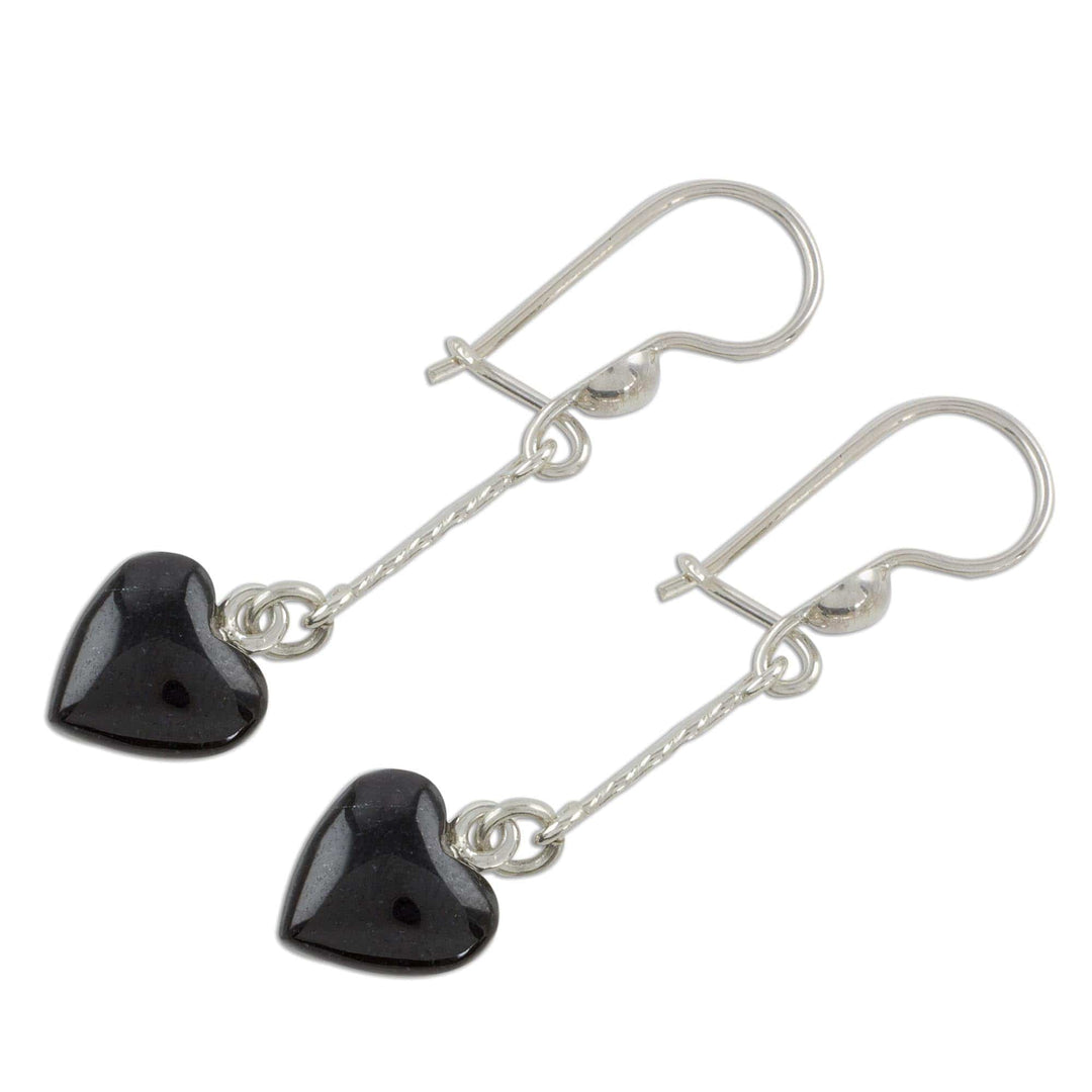 Heart-Shaped Black Jade Dangle Earrings from Guatemala - Black Spirals of Love