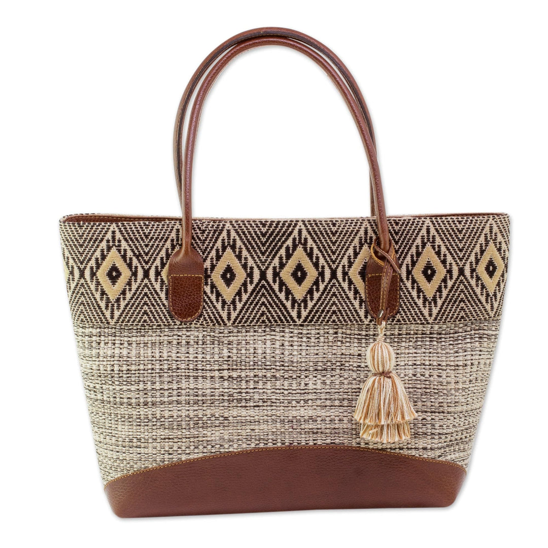 Natural Cotton and Black Diamond Motif Leather Accent Tote - Mayan Chic