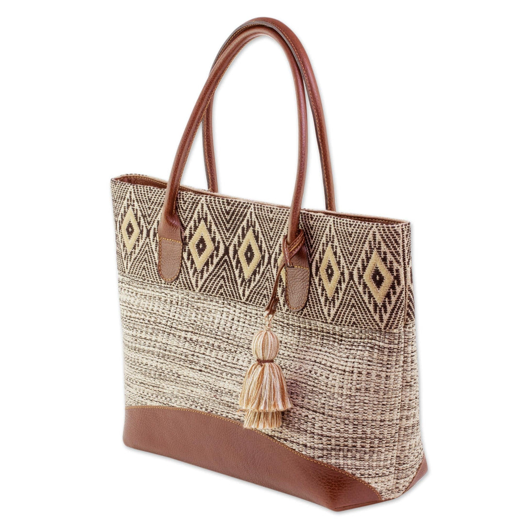Natural Cotton and Black Diamond Motif Leather Accent Tote - Mayan Chic