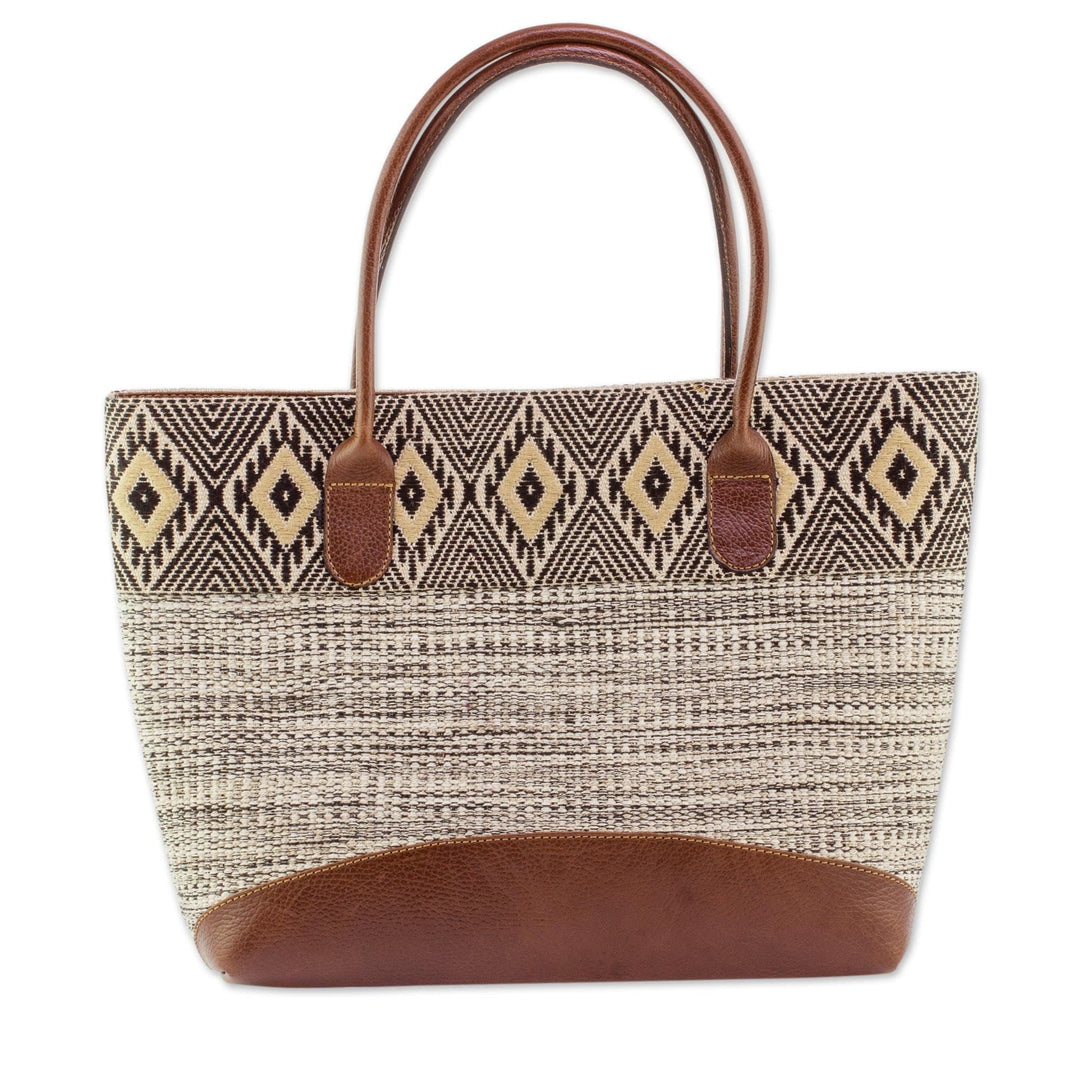 Natural Cotton and Black Diamond Motif Leather Accent Tote - Mayan Chic