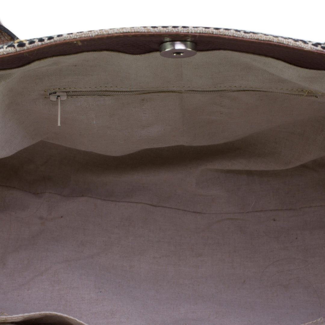 Natural Cotton and Black Diamond Motif Leather Accent Tote - Mayan Chic