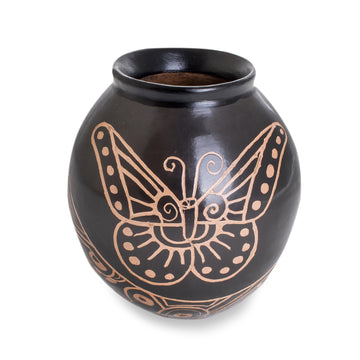 Ceramic Decorative Butterfly Vase in Black from Costa Rica - Flying Beauty