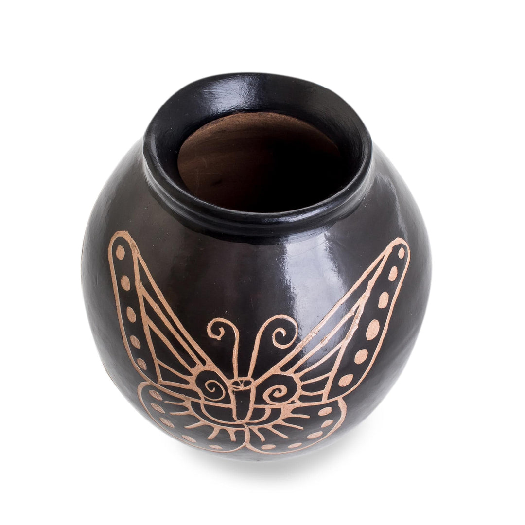 Ceramic Decorative Butterfly Vase in Black from Costa Rica - Flying Beauty