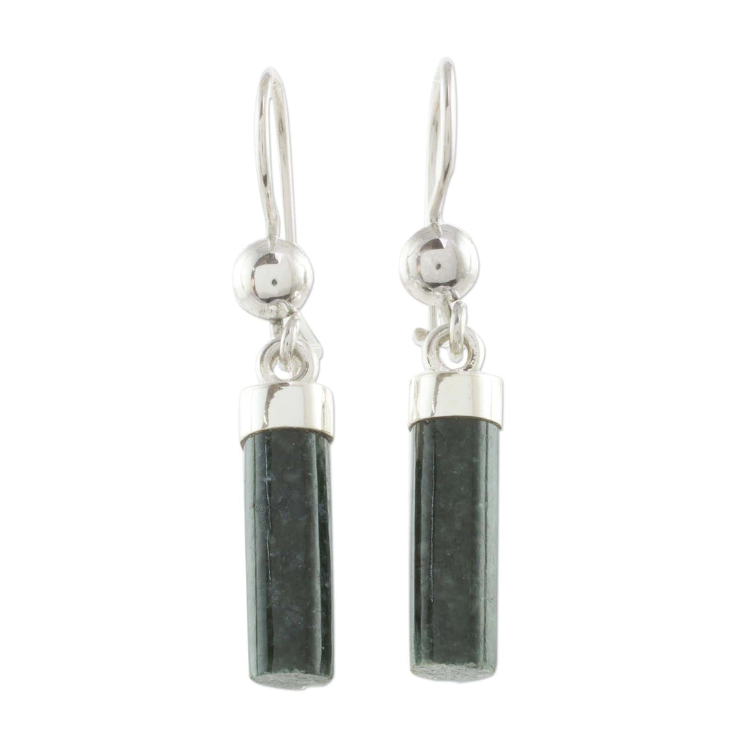 Dark Green Jade Cylindrical Dangle Earrings from Guatemala - Dark Green Mayan Pillars