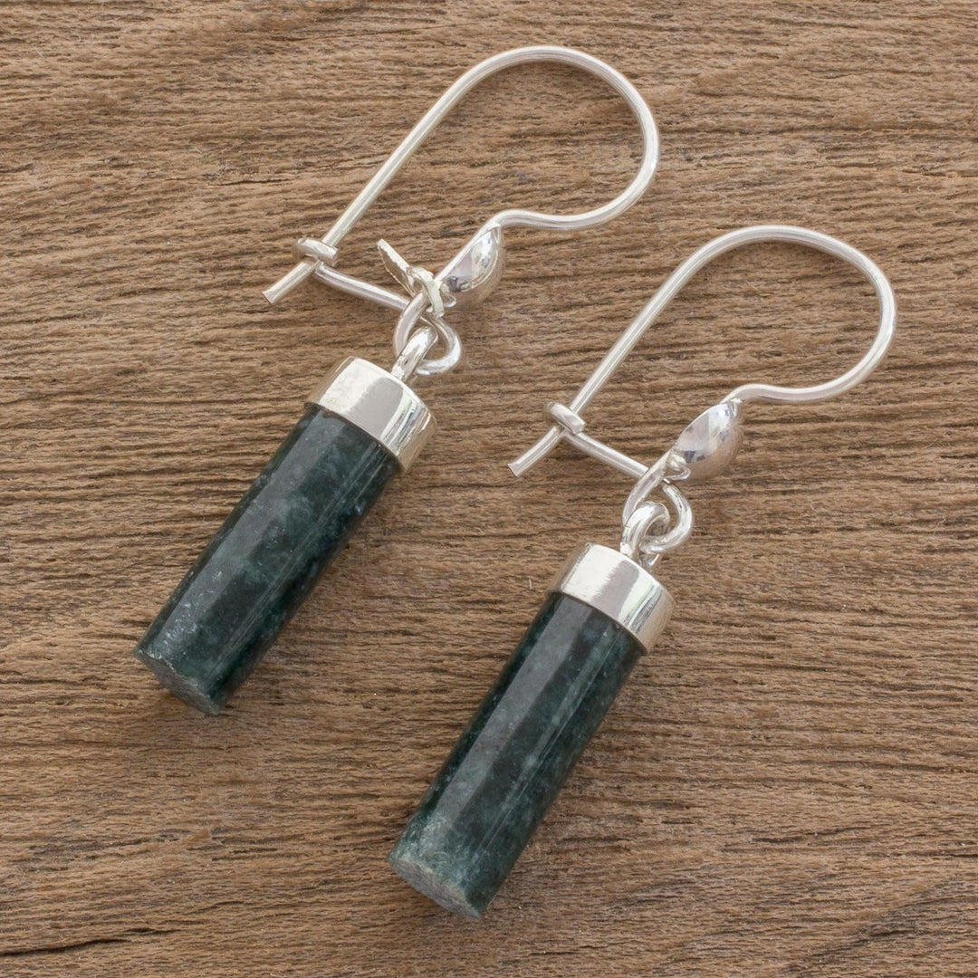 Dark Green Jade Cylindrical Dangle Earrings from Guatemala - Dark Green Mayan Pillars
