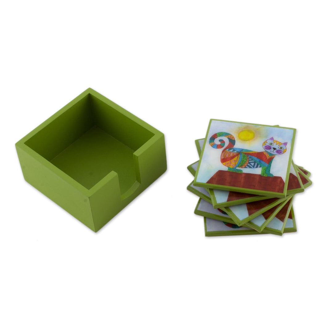 Six Cat-Themed Wood Coasters from Costa Rica - Cat Under the Sun