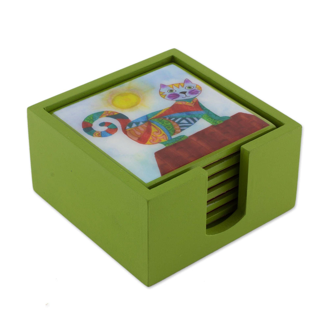 Six Cat-Themed Wood Coasters from Costa Rica - Cat Under the Sun