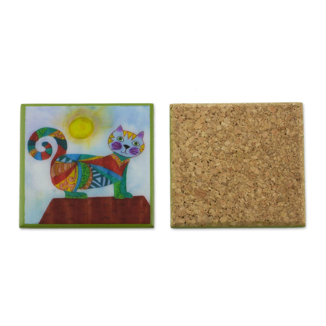 Six Cat-Themed Wood Coasters from Costa Rica - Cat Under the Sun