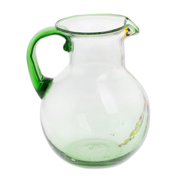 Hand Blown Recycled Glass Clear Green Colorful Dots Pitcher - Conga Line