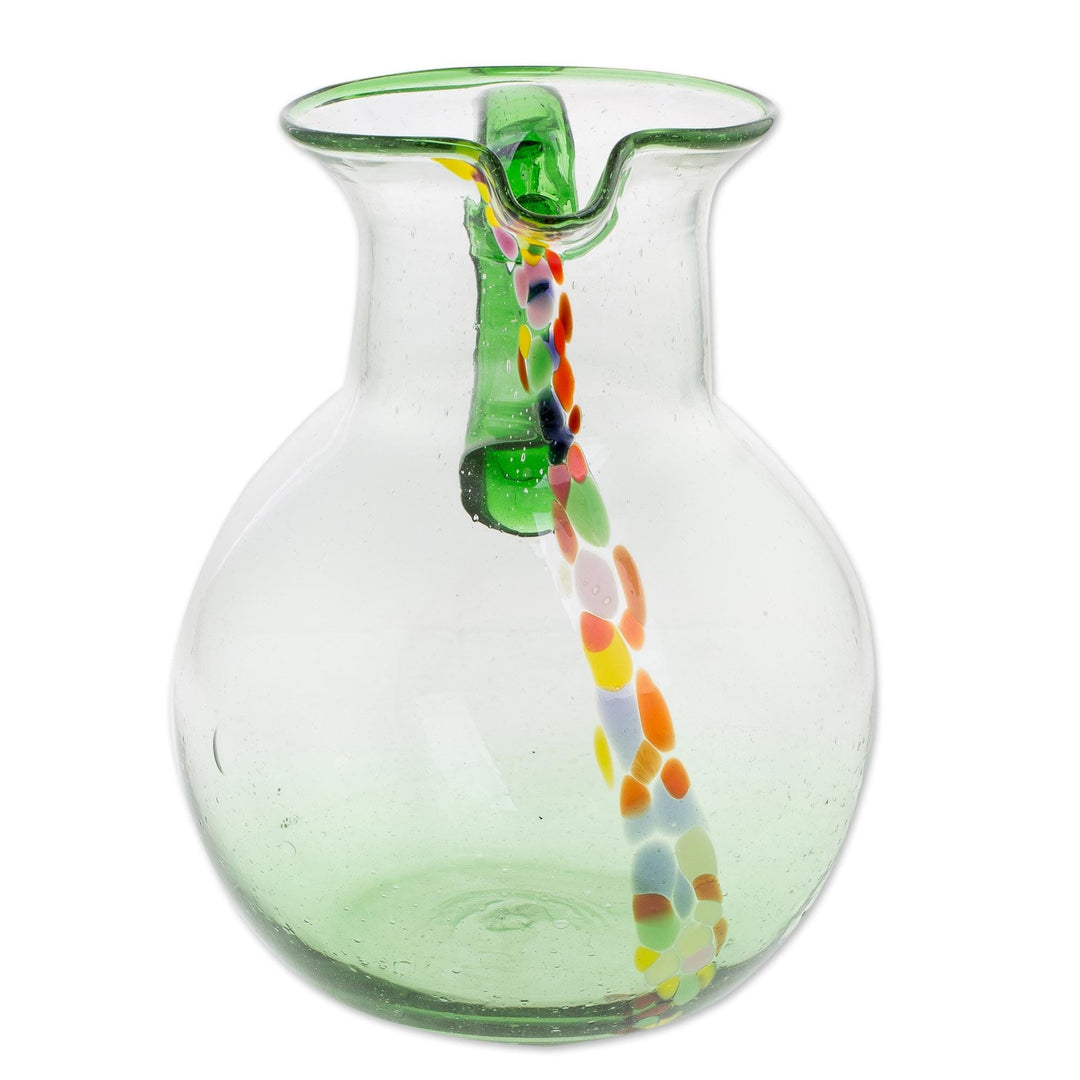 Hand Blown Recycled Glass Clear Green Colorful Dots Pitcher - Conga Line