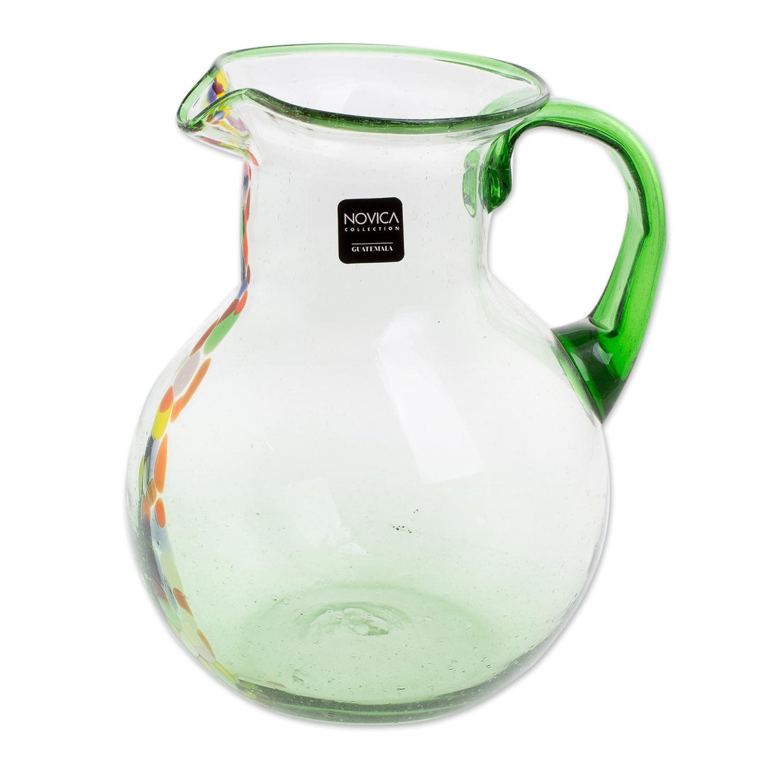 Hand Blown Recycled Glass Clear Green Colorful Dots Pitcher - Conga Line