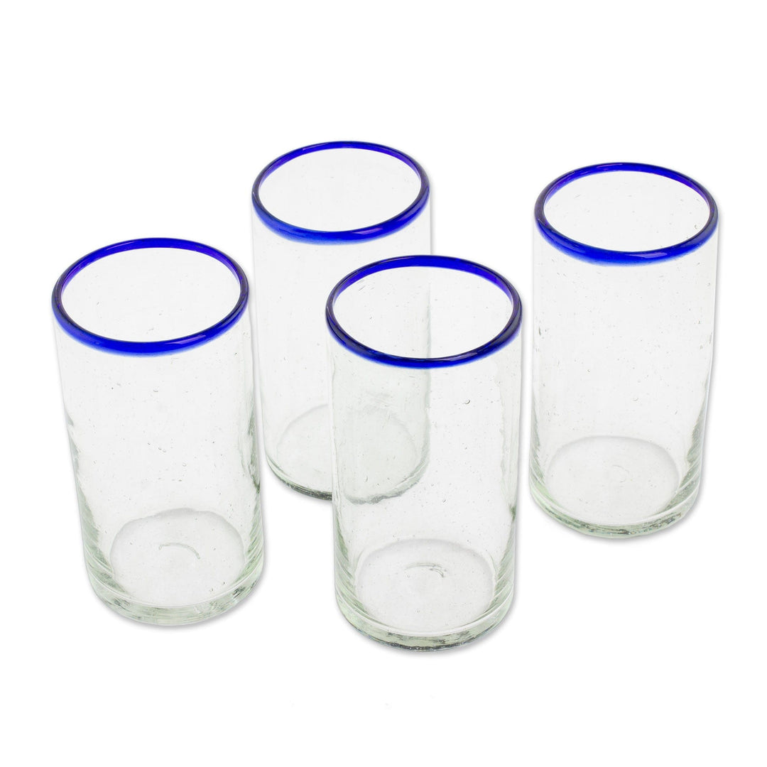 Clear Blue Rim Hand Blown Recycled Glass Tumblers (Set of 4) - Clear Seas