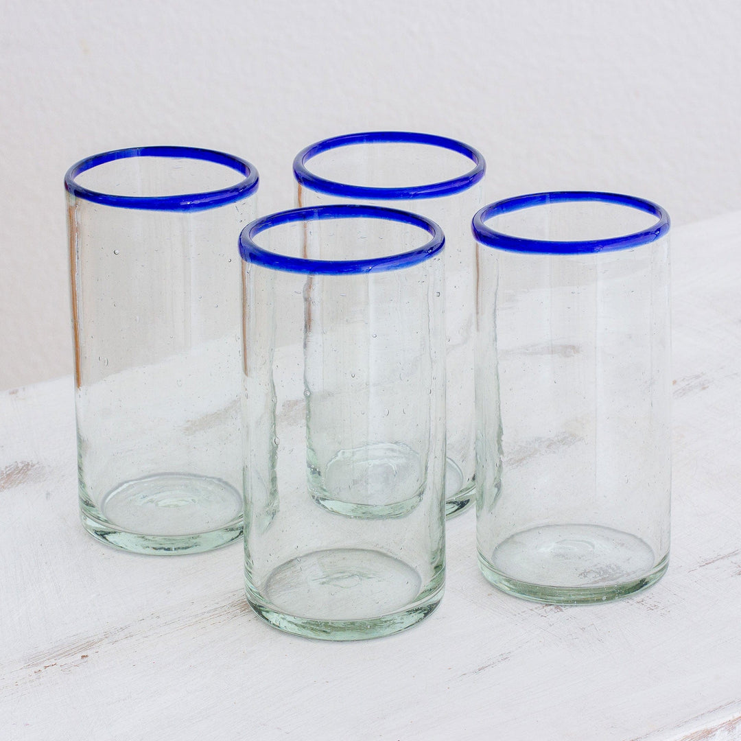 Clear Blue Rim Hand Blown Recycled Glass Tumblers (Set of 4) - Clear Seas