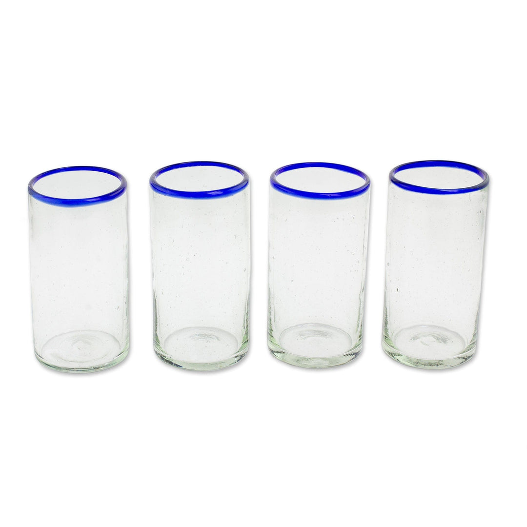 Clear Blue Rim Hand Blown Recycled Glass Tumblers (Set of 4) - Clear Seas